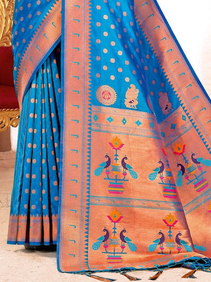 Sutriti Blue Kanjivaram Silk Saree with Golden Zari and Colorful Peacock Woven Pallu Design