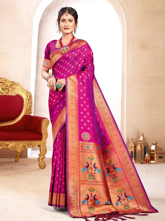 Sutriti Purple Paithani Silk Saree with Golden Zari and Colorful Peacock Woven Pallu Design