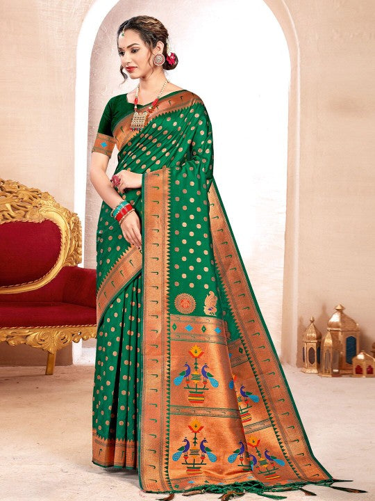 Sutriti Green Kanjivaram Silk Saree with Golden Zari and Colorful Peacock Woven Pallu Design