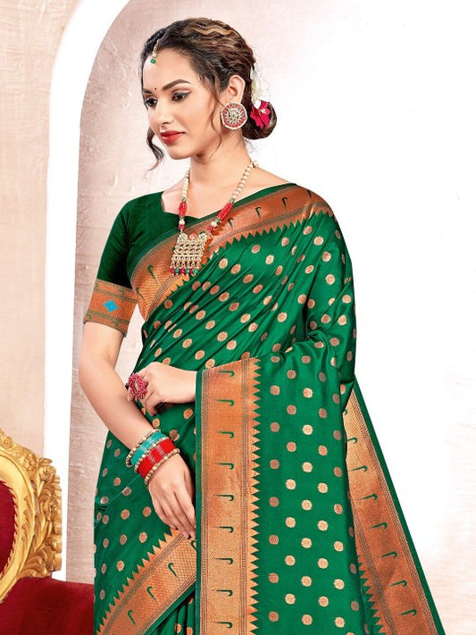 Sutriti Green Kanjivaram Silk Saree with Golden Zari and Colorful Peacock Woven Pallu Design