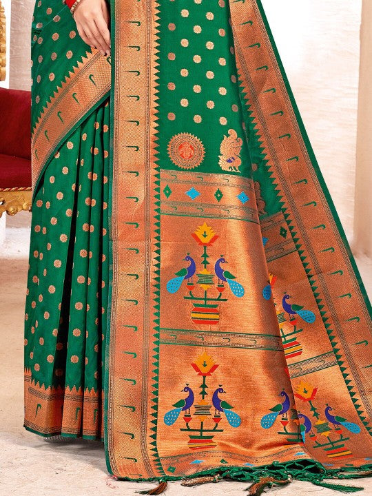 Sutriti Green Kanjivaram Silk Saree with Golden Zari and Colorful Peacock Woven Pallu Design