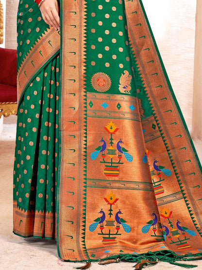 Sutriti Green Kanjivaram Silk Saree with Golden Zari and Colorful Peacock Woven Pallu Design