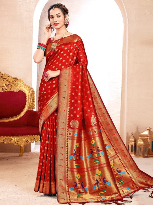Sutriti Red Kanjivaram Silk Saree with Golden Zari and Colorful Peacock Woven Pallu Design