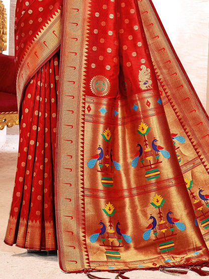 Sutriti Red Kanjivaram Silk Saree with Golden Zari and Colorful Peacock Woven Pallu Design