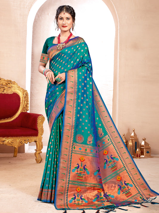 Sutriti Sea Green Kanjivaram Silk Saree with Golden Zari and Colorful Peacock Woven Pallu Design