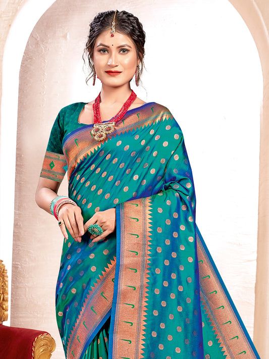 Sutriti Sea Green Kanjivaram Silk Saree with Golden Zari and Colorful Peacock Woven Pallu Design