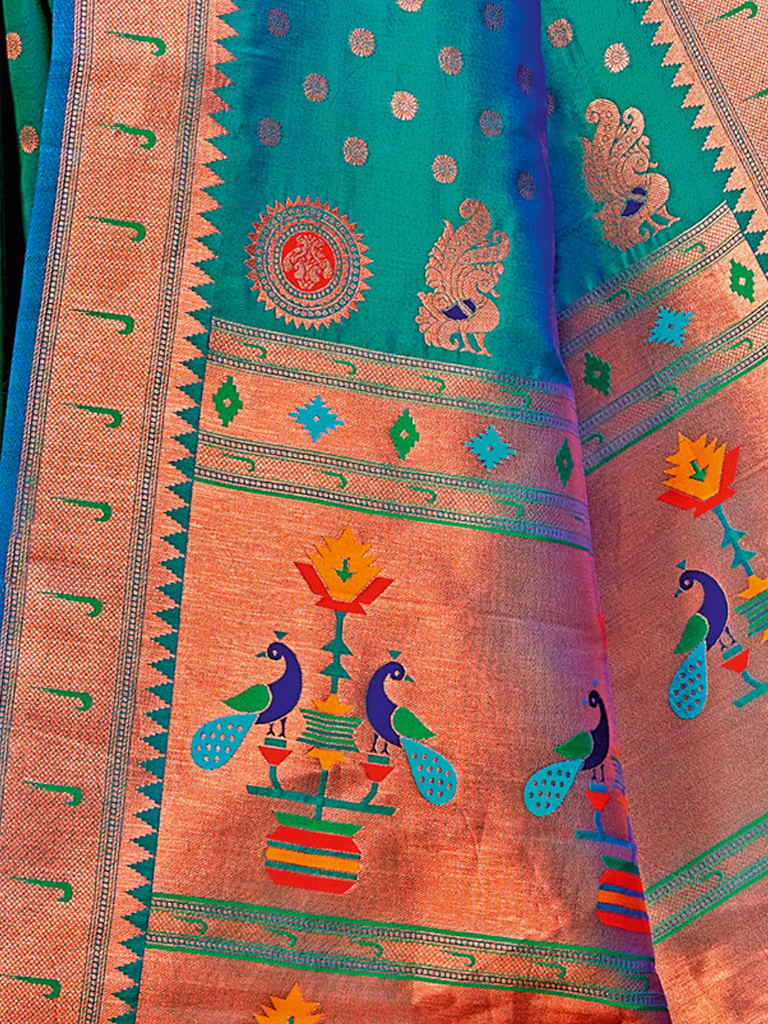 Sutriti Sea Green Kanjivaram Silk Saree with Golden Zari and Colorful Peacock Woven Pallu Design