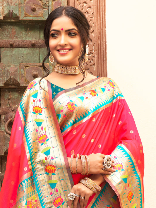 Sutriti Majestic Pink Paithani Silk Saree with Royal Floral Zari Pallu | Pure Festive & Bridal Edition