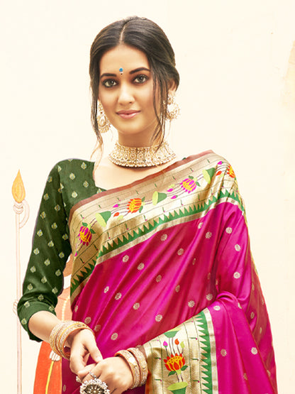 Sutriti Majestic Magenta Paithani Silk Saree with Royal Floral Zari Pallu | Pure Festive & Bridal Edition