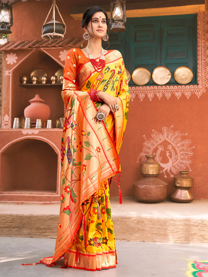 Sutriti Majestic Yellow Paithani Silk Saree with Royal Floral Zari Pallu | Pure Festive & Bridal Edition