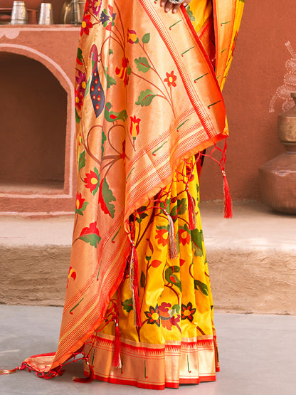 Sutriti Majestic Yellow Paithani Silk Saree with Royal Floral Zari Pallu | Pure Festive & Bridal Edition