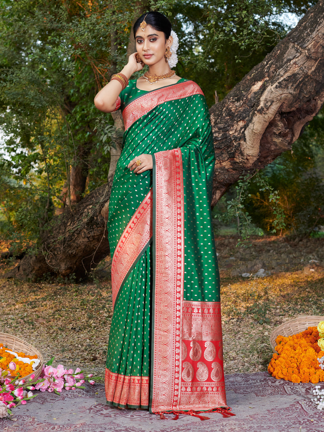 Sutriti Green Banarasi Silk Saree with Red Zari Border & Golden Butta | Wedding & Festive Wear