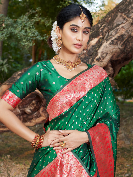 Sutriti Green Banarasi Silk Saree with Red Zari Border & Golden Butta | Wedding & Festive Wear