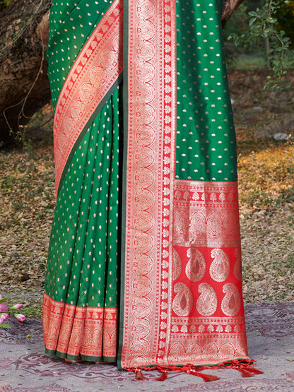 Sutriti Green Banarasi Silk Saree with Red Zari Border & Golden Butta | Wedding & Festive Wear