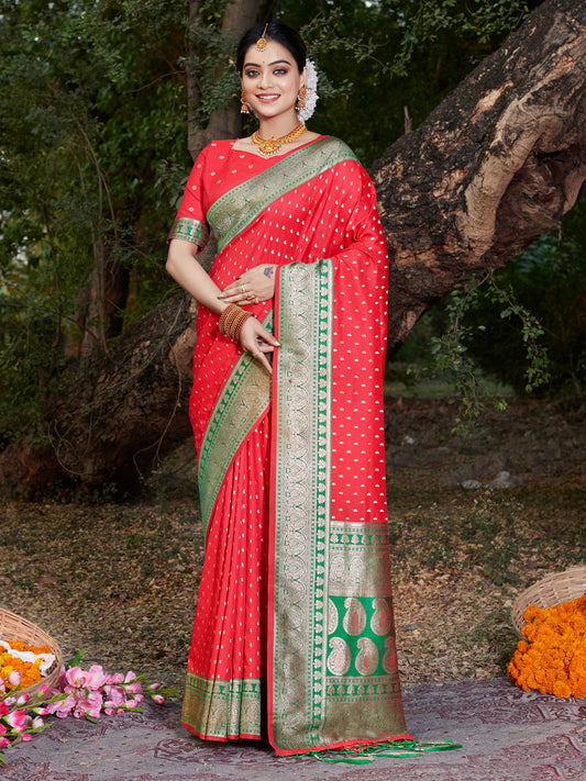 Sutriti Red Banarasi Silk Saree with Red Zari Border & Golden Butta | Wedding & Festive Wear