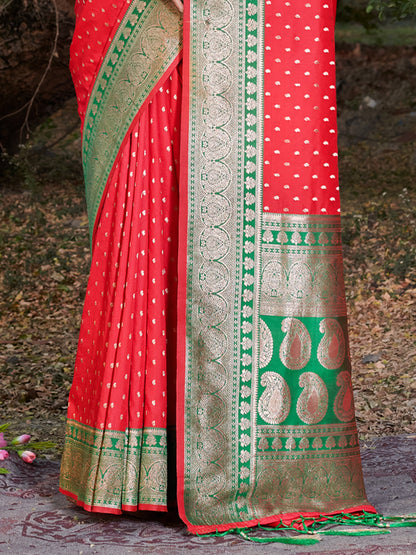 Sutriti Red Banarasi Silk Saree with Red Zari Border & Golden Butta | Wedding & Festive Wear