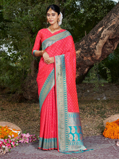 Sutriti Pnk Banarasi Silk Saree with Red Zari Border & Golden Butta | Wedding & Festive Wear