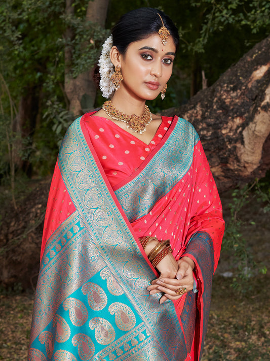 Sutriti Pnk Banarasi Silk Saree with Red Zari Border & Golden Butta | Wedding & Festive Wear