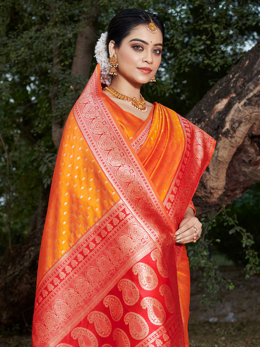 Sutriti Mustard Banarasi Silk Saree with Red Zari Border & Golden Butta | Wedding & Festive Wear