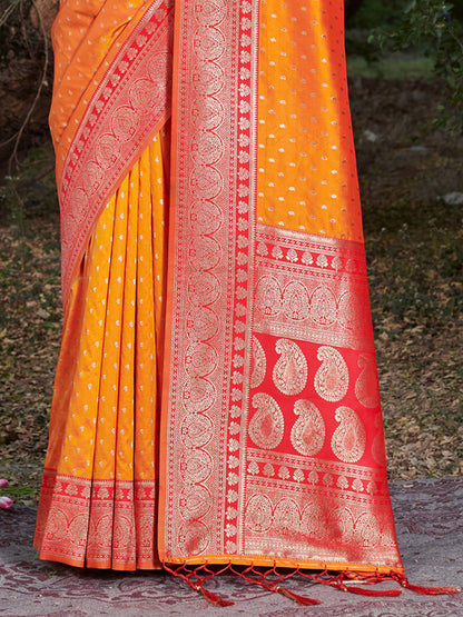 Sutriti Mustard Banarasi Silk Saree with Red Zari Border & Golden Butta | Wedding & Festive Wear