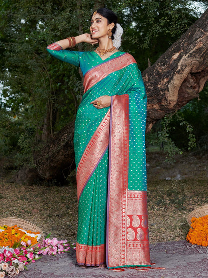 Sutriti Rama Banarasi Silk Saree with Red Zari Border & Golden Butta | Wedding & Festive Wear