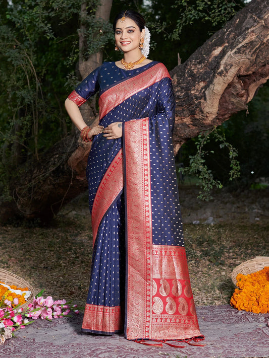 Sutriti Navy Blue Banarasi Silk Saree with Red Zari Border & Golden Butta | Wedding & Festive Wear