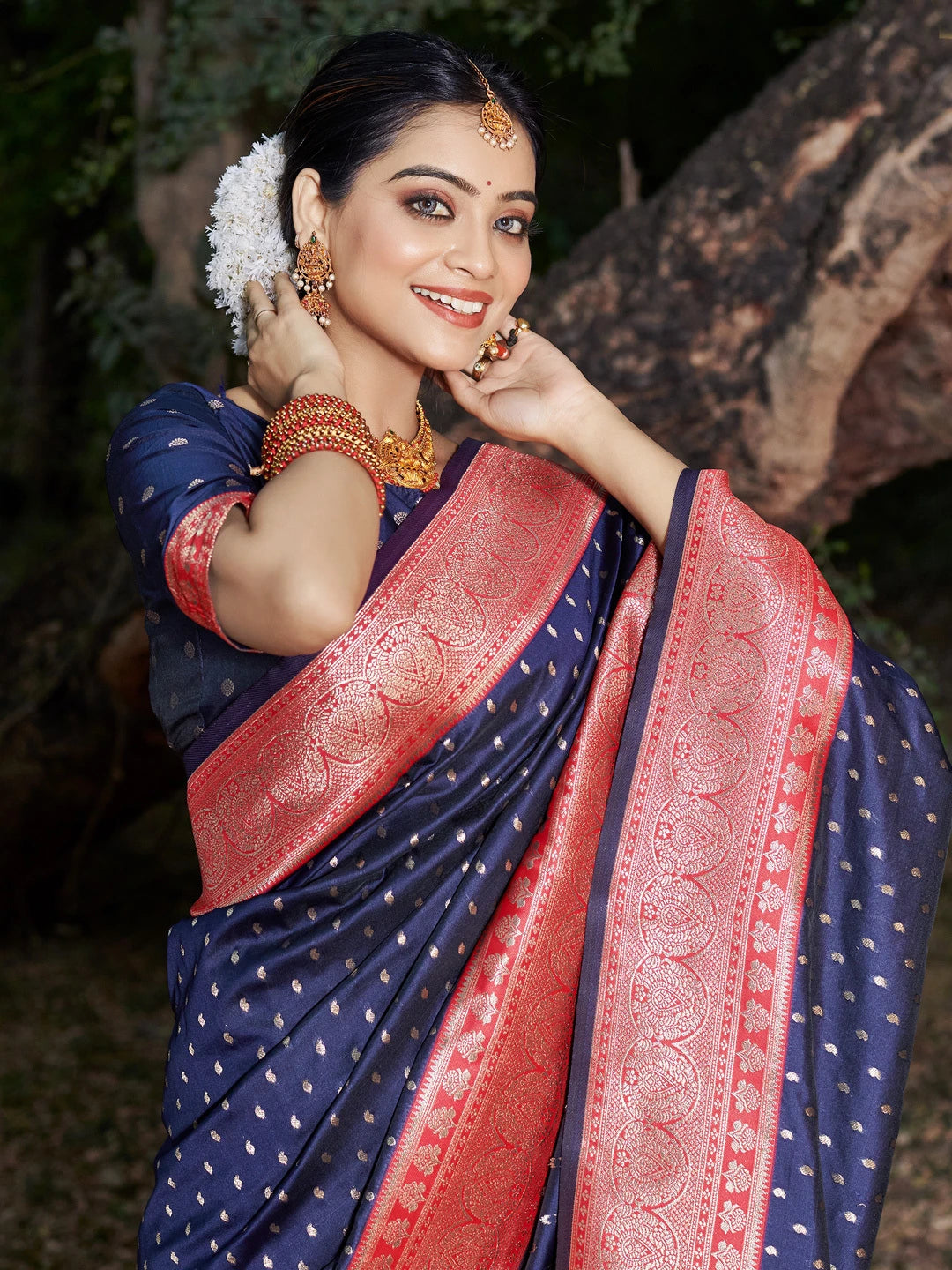 Sutriti Navy Blue Banarasi Silk Saree with Red Zari Border & Golden Butta | Wedding & Festive Wear