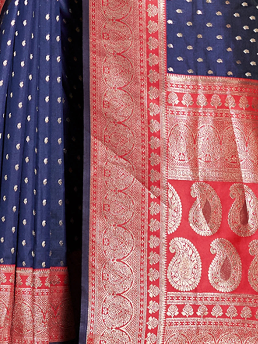Sutriti Navy Blue Banarasi Silk Saree with Red Zari Border & Golden Butta | Wedding & Festive Wear
