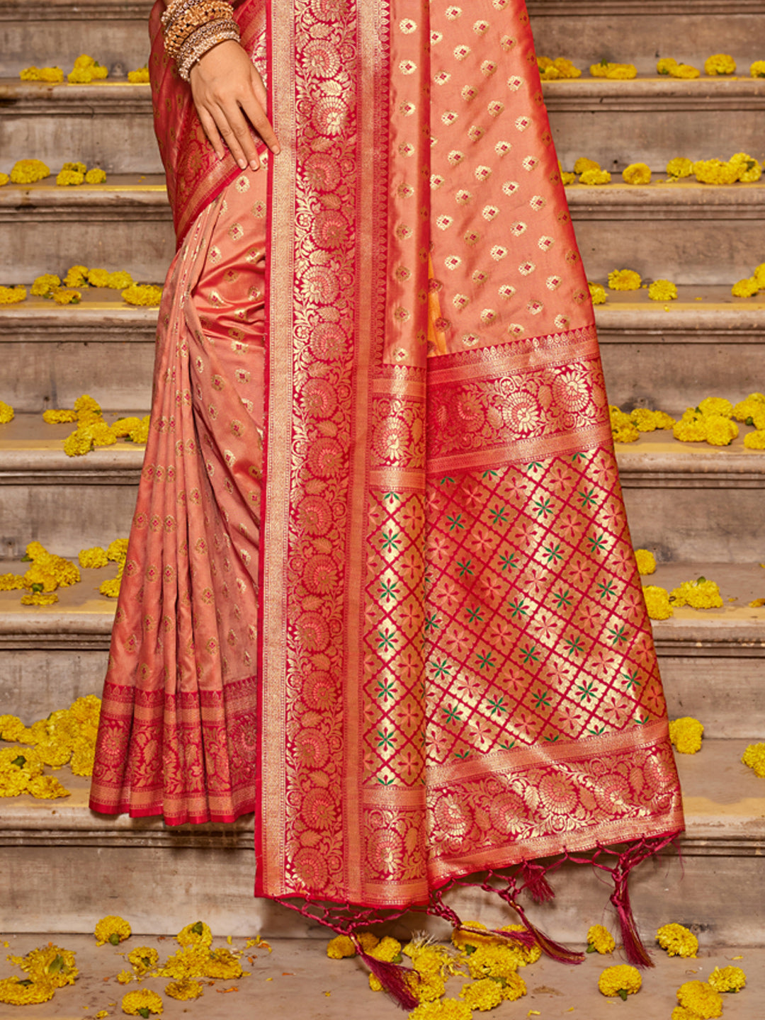 Sutriti Majestic Peach Pure Kanjivaram Silk Saree | Bridal Heritage Collection | Limited Edition