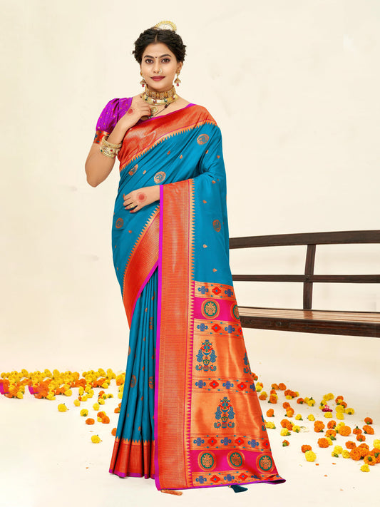 Sutriti Blue Paithani Silk Saree with Rich Traditional Pallu for Wedding and Festive Saree