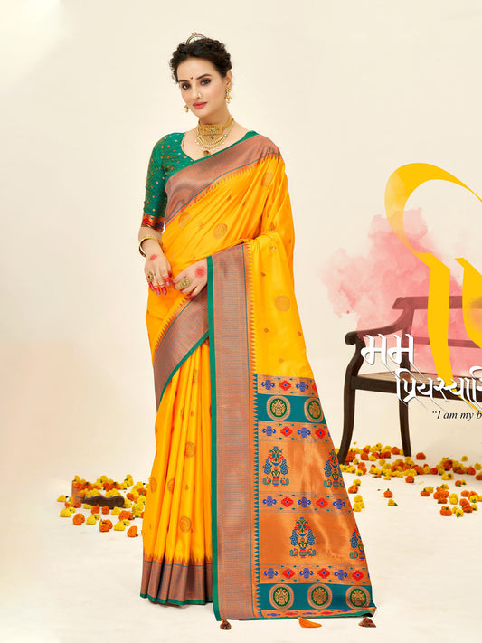 Sutriti Yellow Paithani Silk Saree with Rich Traditional Pallu for Wedding and Festive Saree