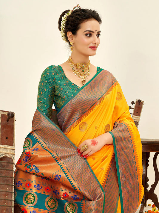Sutriti Yellow Paithani Silk Saree with Rich Traditional Pallu for Wedding and Festive Saree