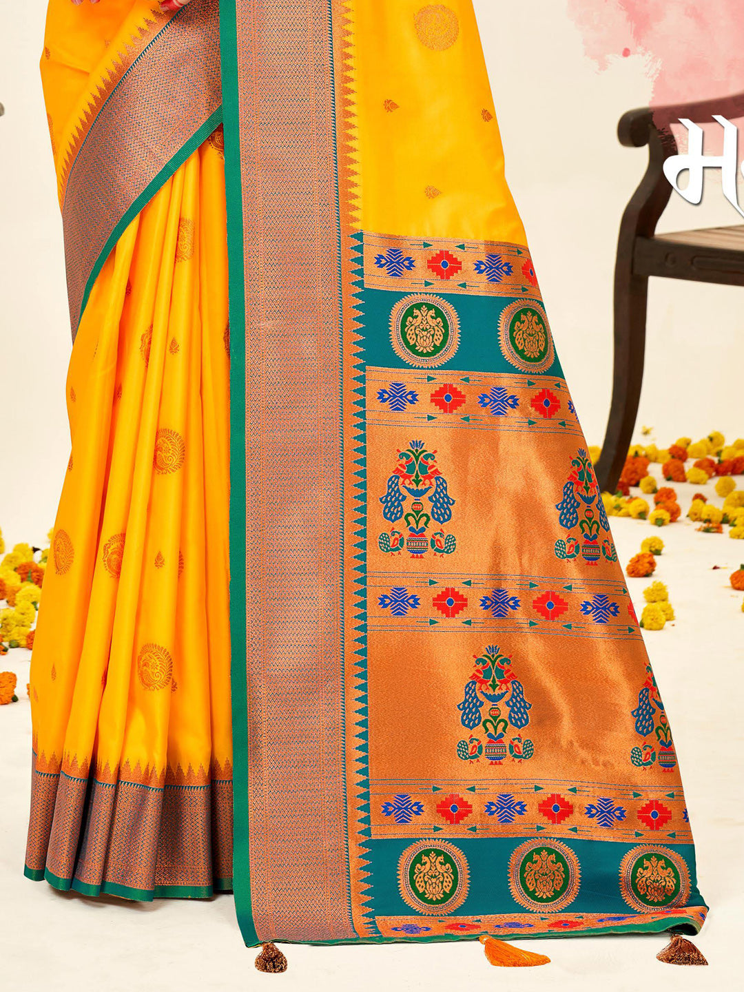 Sutriti Yellow Paithani Silk Saree with Rich Traditional Pallu for Wedding and Festive Saree