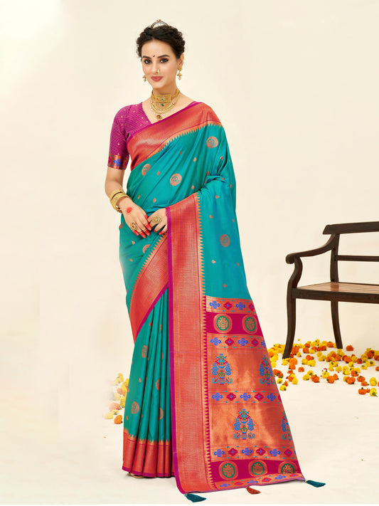 Sutriti Sea Green Paithani Silk Saree with Rich Traditional Pallu for Wedding and Festive Saree
