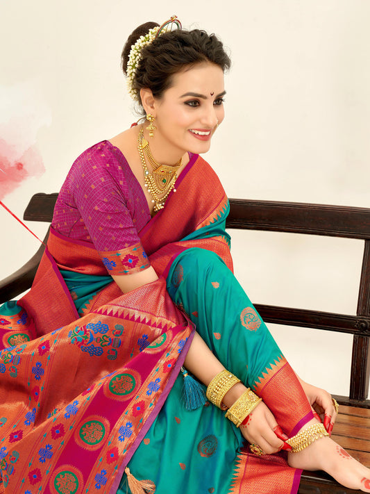 Sutriti Sea Green Paithani Silk Saree with Rich Traditional Pallu for Wedding and Festive Saree