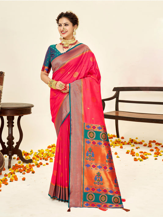 Sutriti Magenta Paithani Silk Saree with Rich Traditional Pallu for Wedding and Festive Saree