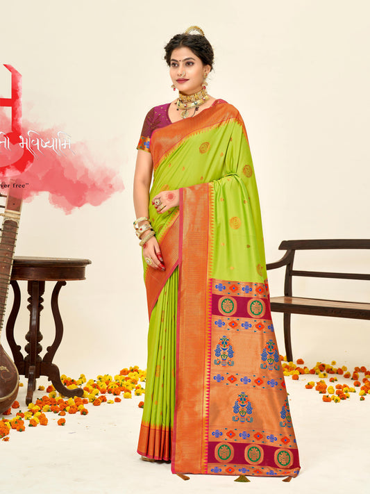 Sutriti Pista Green Paithani Silk Saree with Rich Traditional Pallu for Wedding and Festive Saree