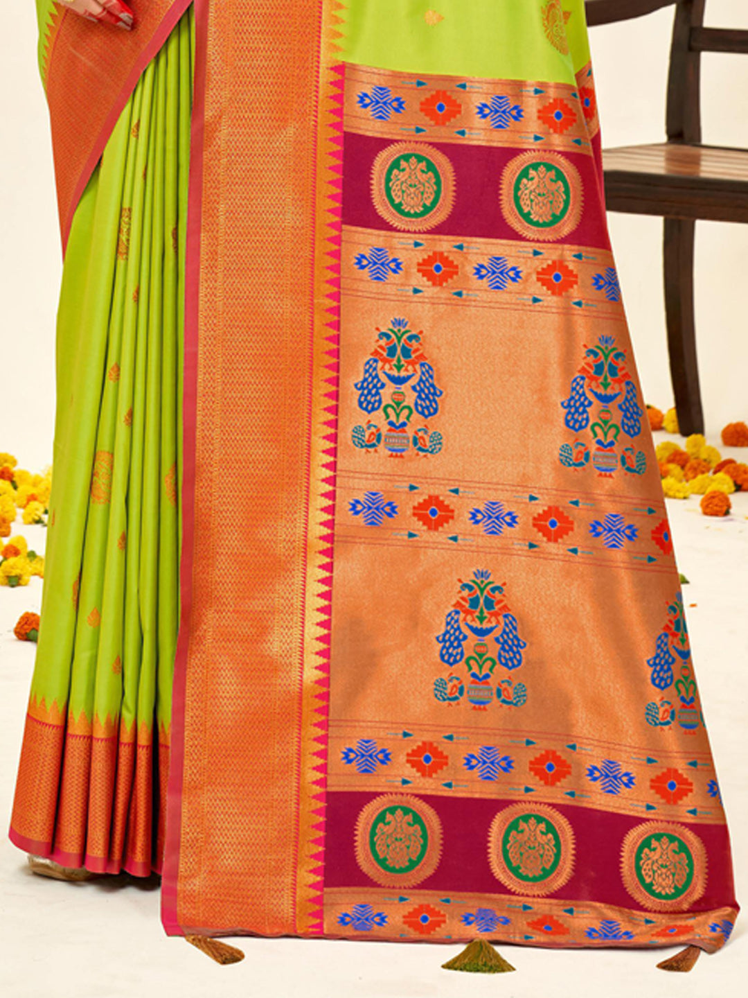 Sutriti Pista Green Paithani Silk Saree with Rich Traditional Pallu for Wedding and Festive Saree