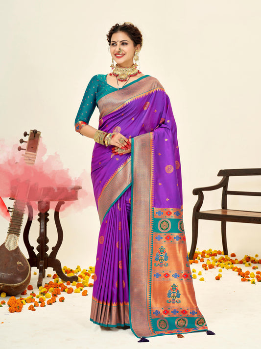Sutriti Violet Paithani Silk Saree with Rich Traditional Pallu for Wedding and Festive Saree