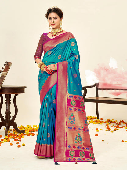 Sutriti Sky blue Paithani Silk Saree with Rich Traditional Pallu for Wedding and Festive Saree