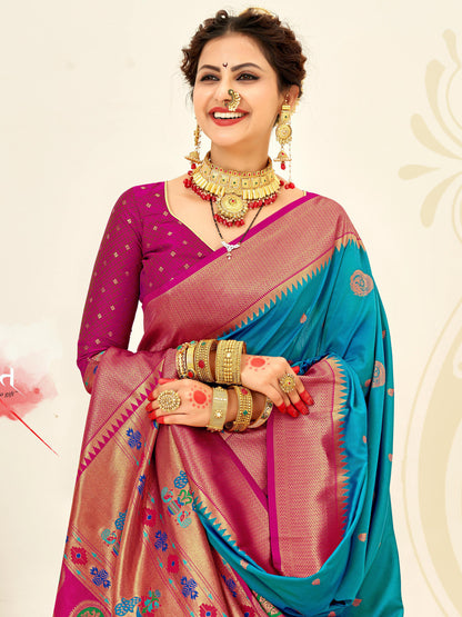 Sutriti Sky blue Paithani Silk Saree with Rich Traditional Pallu for Wedding and Festive Saree