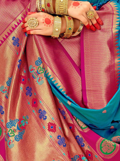 Sutriti Sky blue Paithani Silk Saree with Rich Traditional Pallu for Wedding and Festive Saree