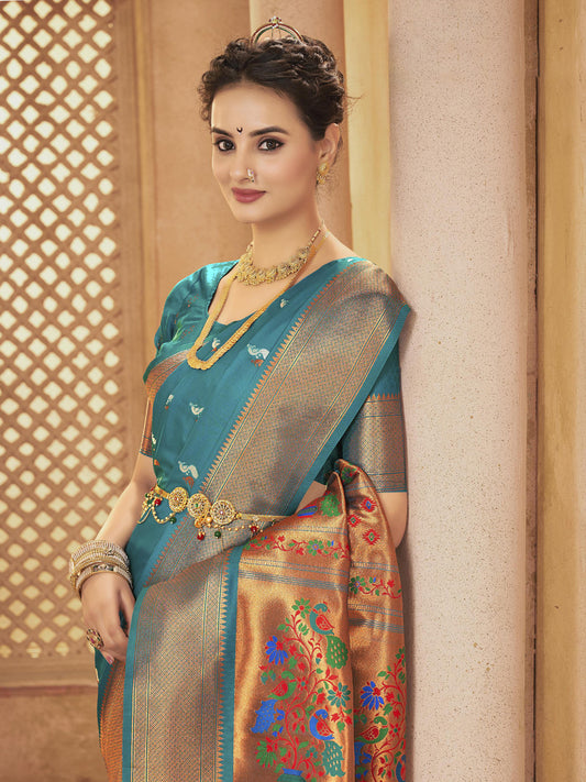 Sutriti Royal Sea Green Paithani Silk Saree featuring Heritage Weaving and Grand Designer Pallu Saree