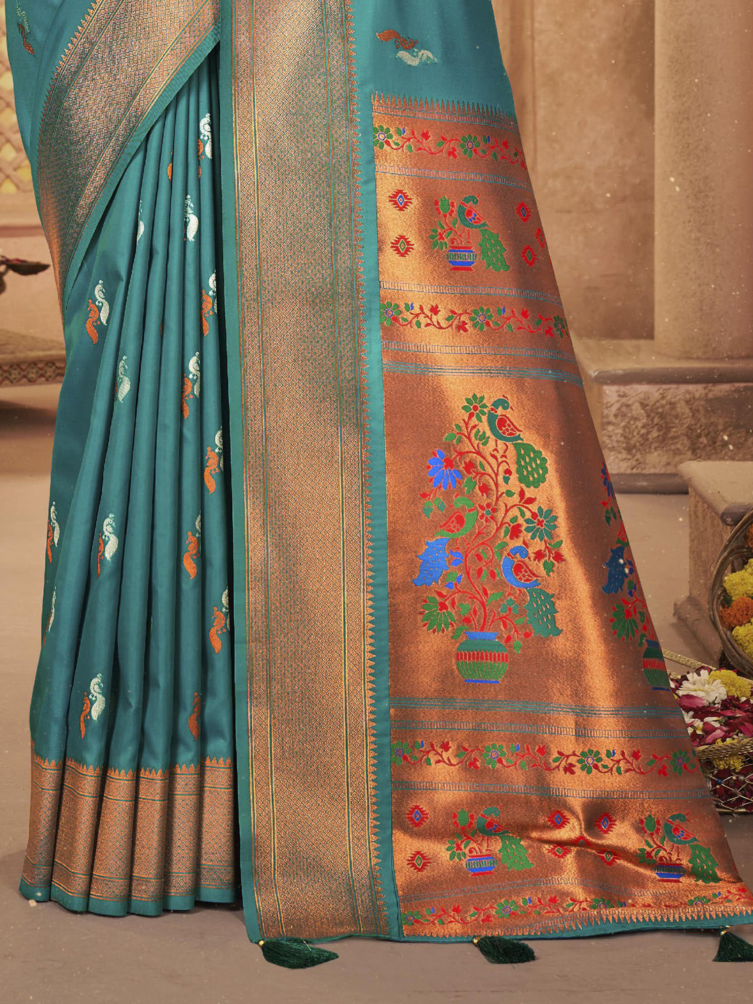 Sutriti Royal Sea Green Paithani Silk Saree featuring Heritage Weaving and Grand Designer Pallu Saree