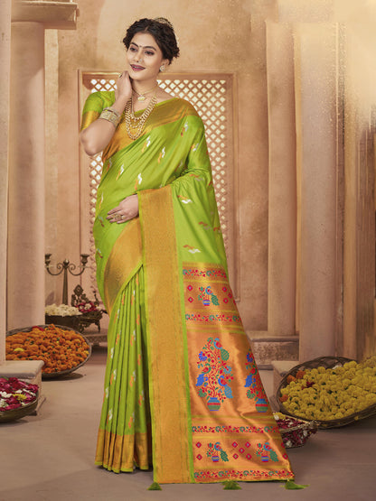 Sutriti Royal Light Green Paithani Silk Saree featuring Heritage Weaving and Grand Designer Pallu Saree