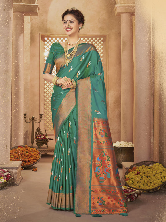Sutriti Royal Rama Green Paithani Silk Saree featuring Heritage Weaving and Grand Designer Pallu Saree
