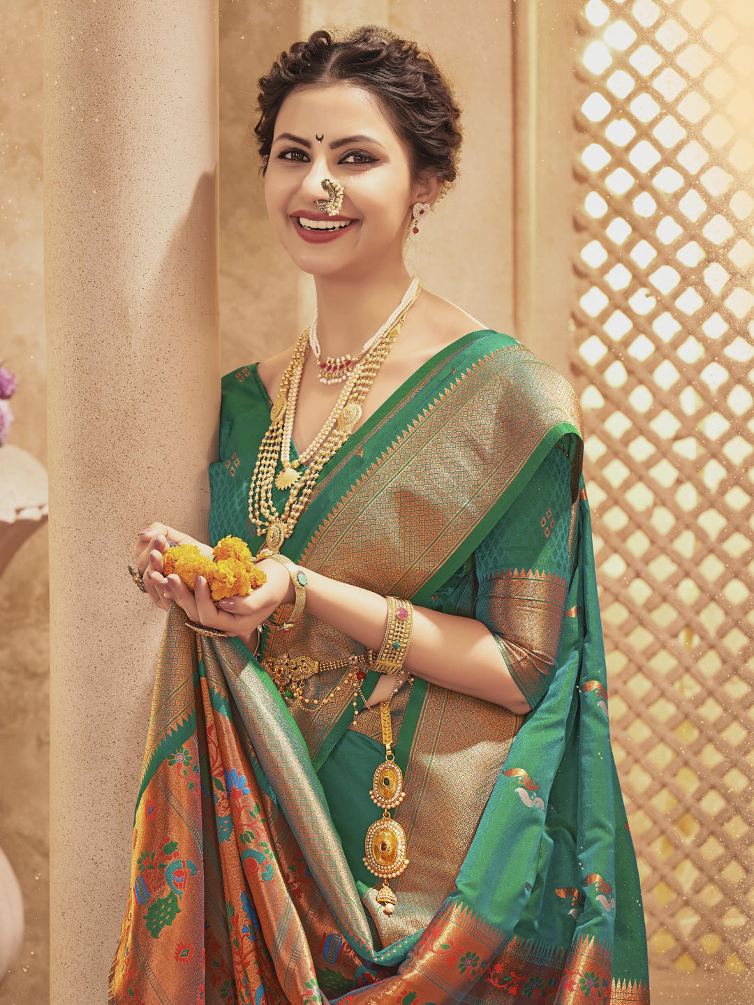 Sutriti Royal Rama Green Paithani Silk Saree featuring Heritage Weaving and Grand Designer Pallu Saree