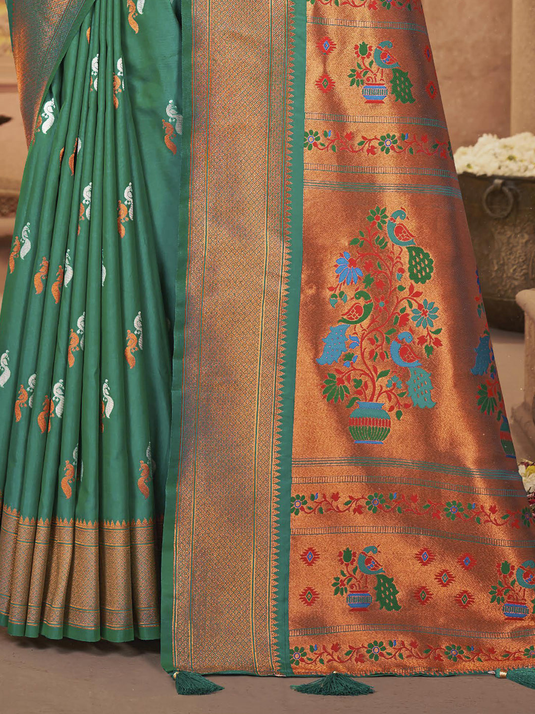 Sutriti Royal Rama Green Paithani Silk Saree featuring Heritage Weaving and Grand Designer Pallu Saree