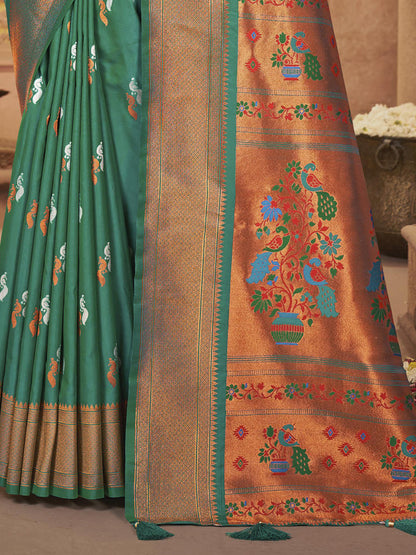 Sutriti Royal Rama Green Paithani Silk Saree featuring Heritage Weaving and Grand Designer Pallu Saree