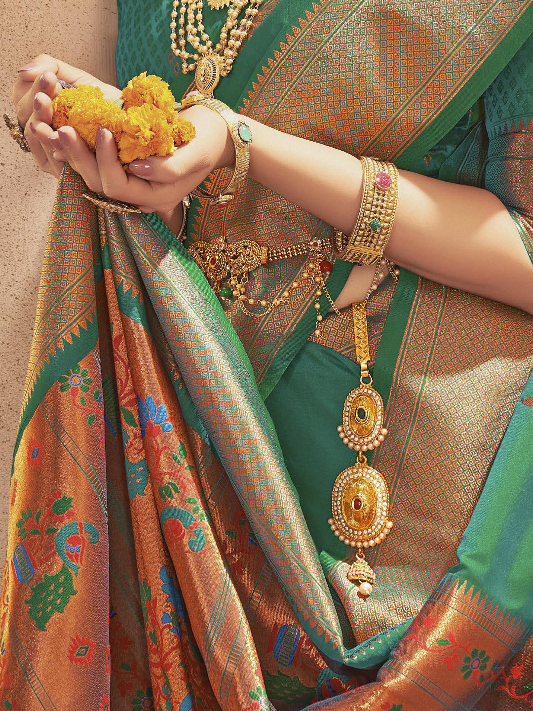 Sutriti Royal Rama Green Paithani Silk Saree featuring Heritage Weaving and Grand Designer Pallu Saree